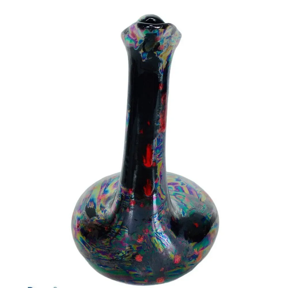 Vintage Black Iridescent Glazed Oil slick Petrol Gothic Bird Ewer Pitcher Vase
